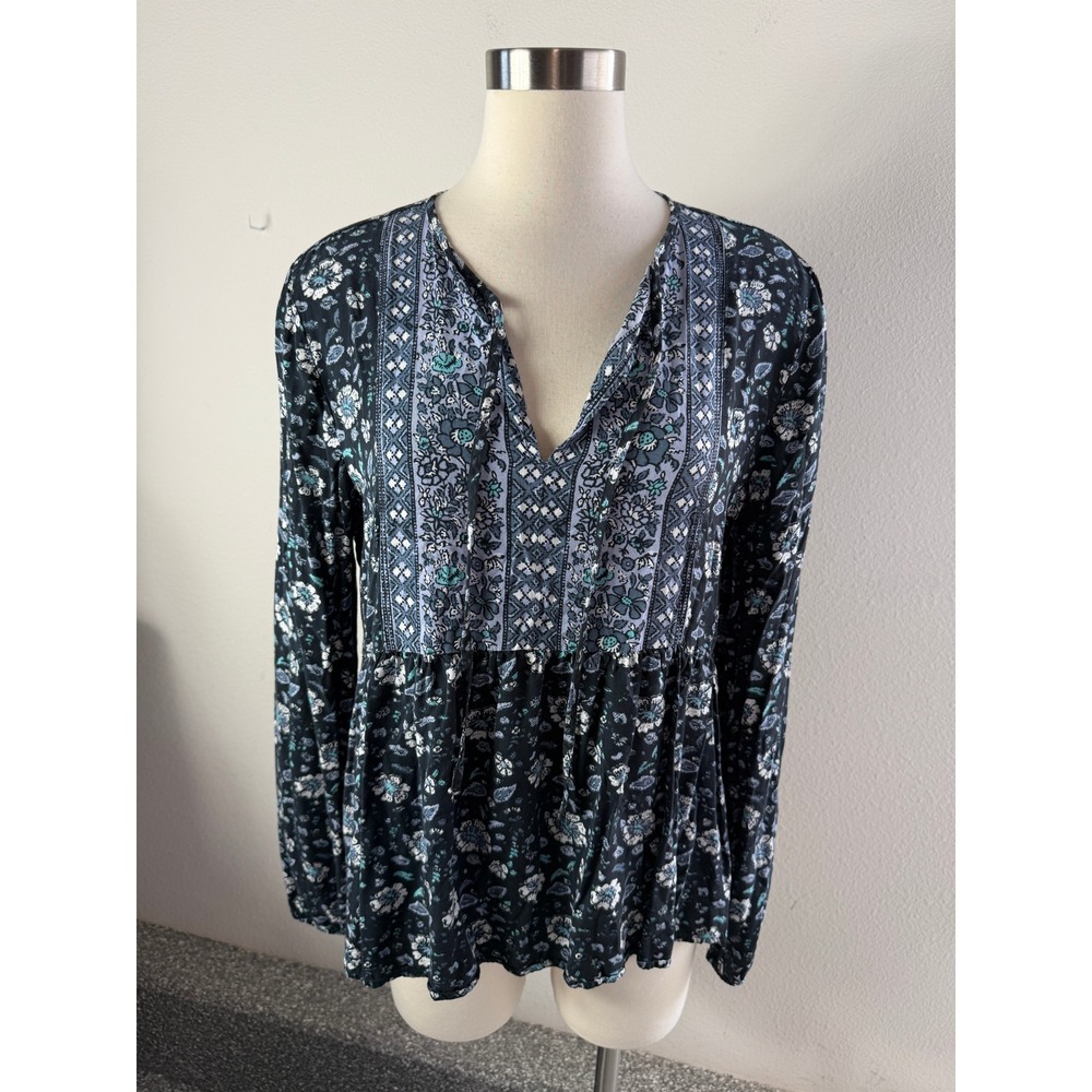 Lucky Brand Womens Medium Blue White Floral Paisley Modal Blouse Top Boho